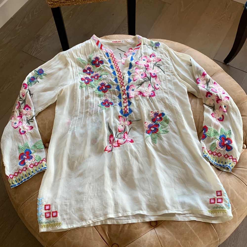 Johnny Was Tropical Garden Pintuck Floral Tunic Size M